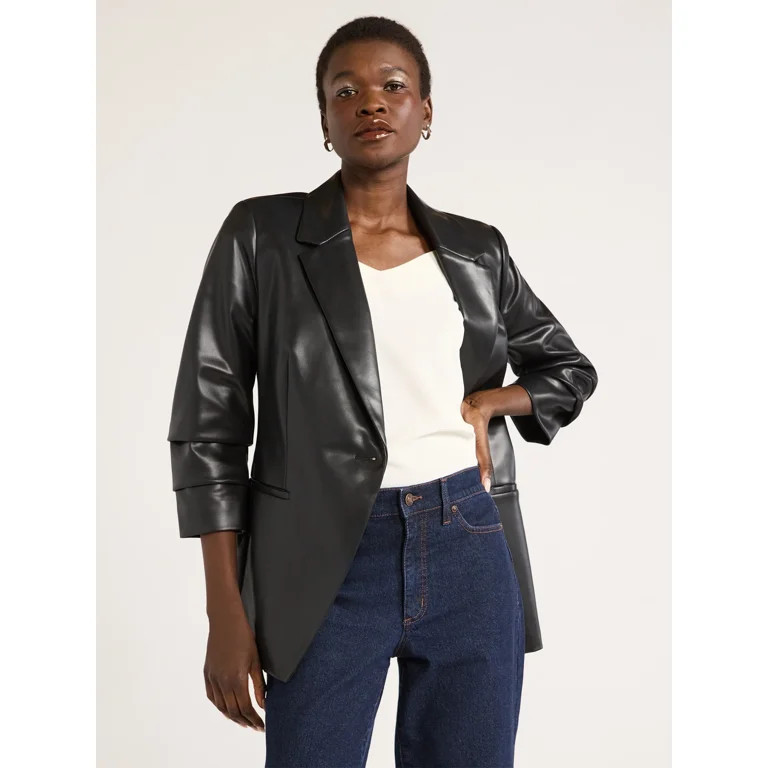 Scoop Women's Faux Leather Scrunch Sleeve One Button Blazer, Sizes XS-XXL | Walmart (US)