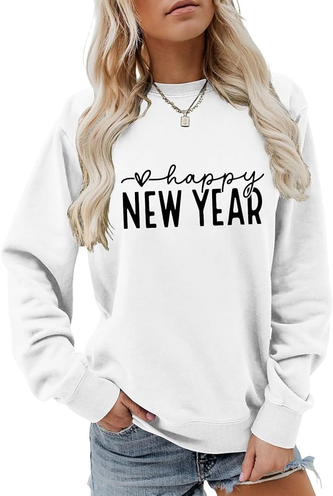 Happy New Year Sweatshirt Women Christmas Shirts Family Holiday New Year Graphic Long Sleeve Crew... | Amazon (US)