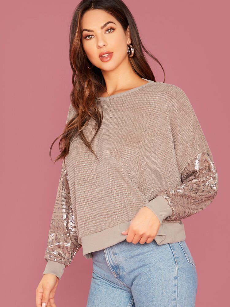 Sequin Sleeve Open Cross Back Thermal Sweater | SHEIN