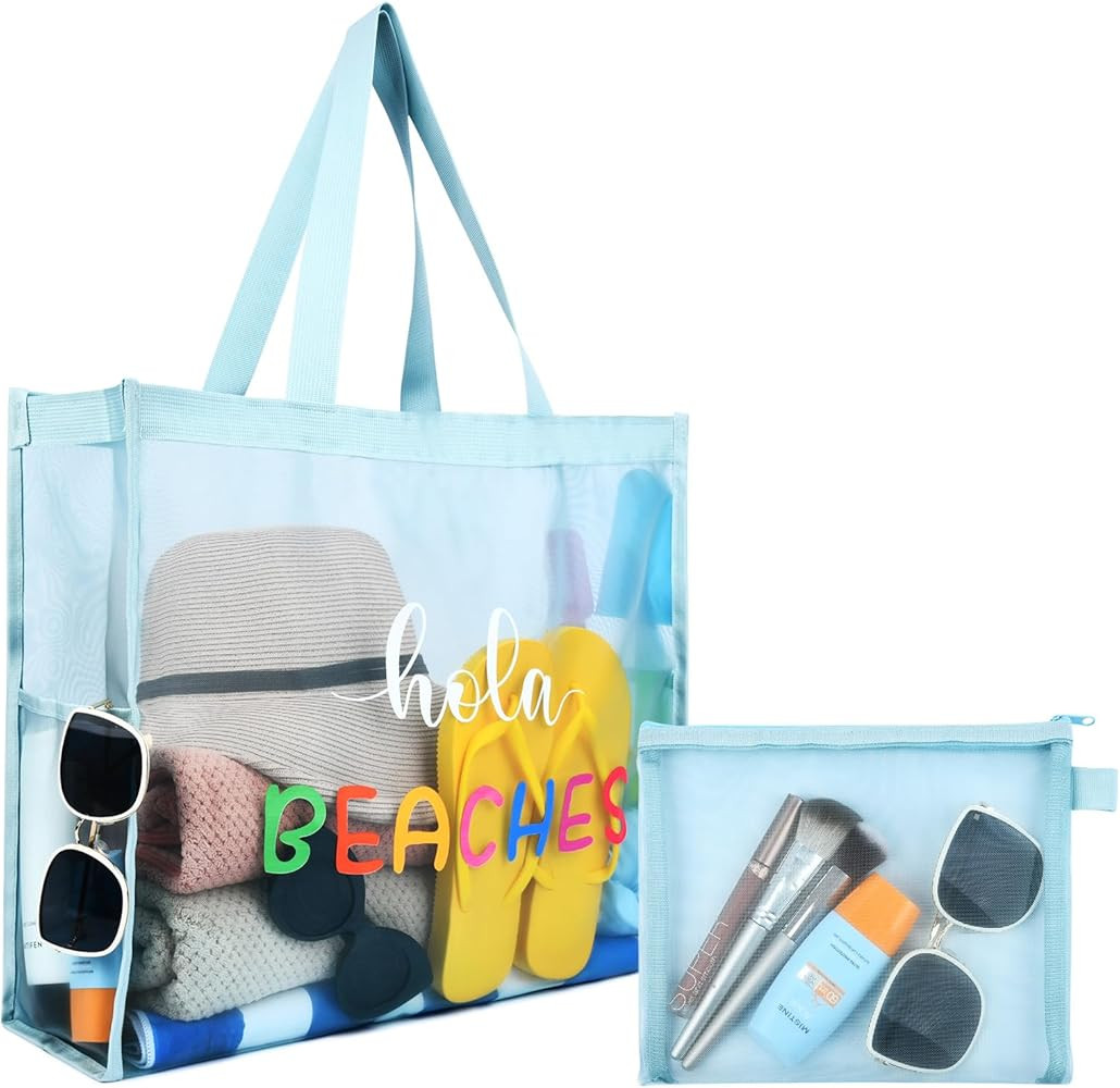 30L Large Beach Bag with Pouch Foldable Sandproof Lightweight Pool Mesh Tote Bag with Two Pockets... | Amazon (US)