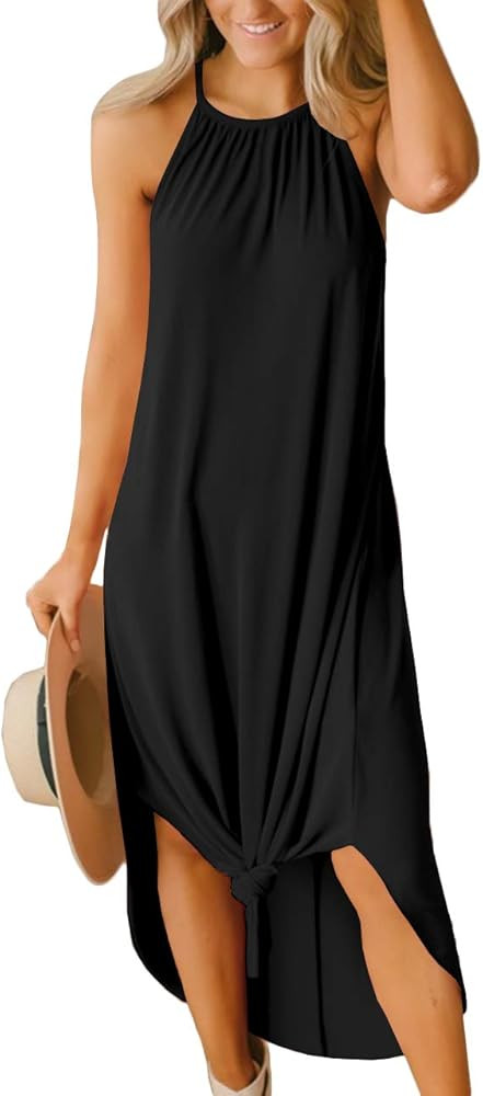 For G and PL Women's 2024 Summer Casual Halter Side Slit Long Maxi Beach Dress Vacation Resort Su... | Amazon (US)