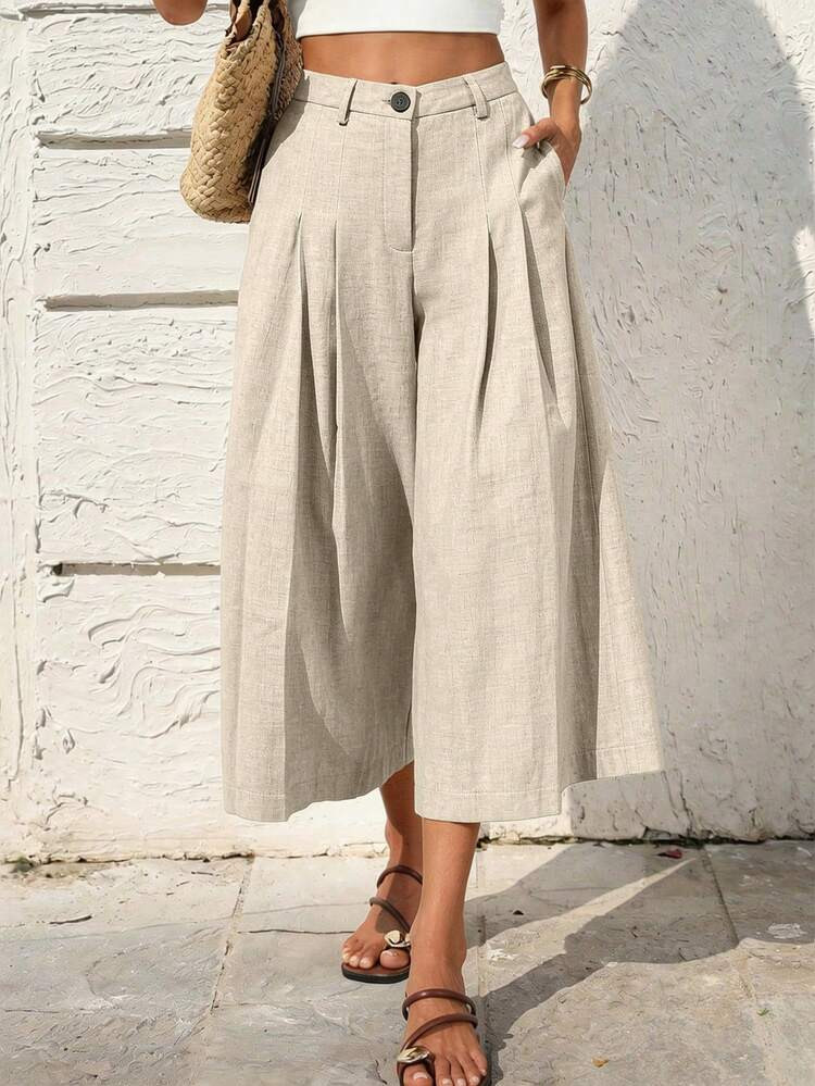 SHEIN Holidaya Women's Casual Linen Capri Pants,Khaki Summer Wide Leg Trousers For Vacation Holid... | SHEIN