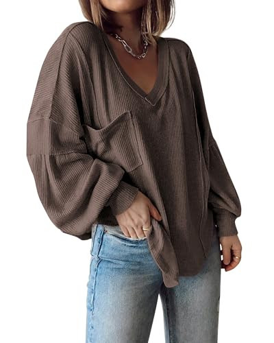 BTFBM Womens Fall Fashion 2025 Long Sleeve Shirts Casual V Neck Ribbed Knit Blouses Pullover Trendy Loose Fit Tunic Tops(Solid Brown, Medium) | Amazon (US)