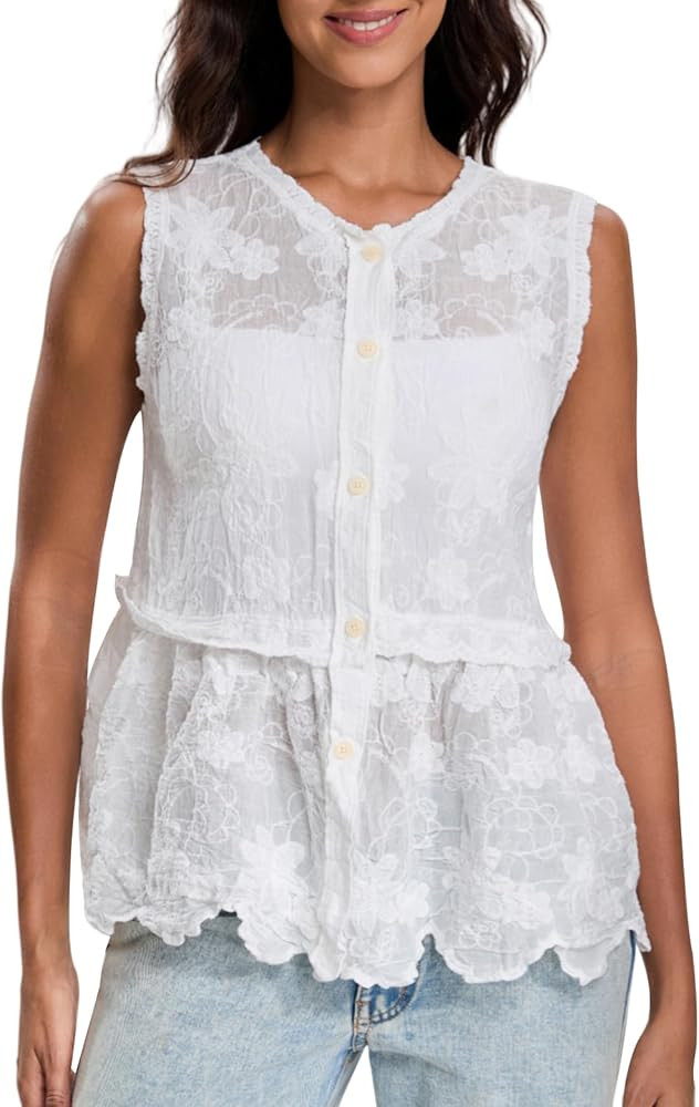 Womens Summer Boho Tank Button Down Sleeveless Vacation Tops Ruffle Knit Embroidered Spring Vest | Amazon (US)