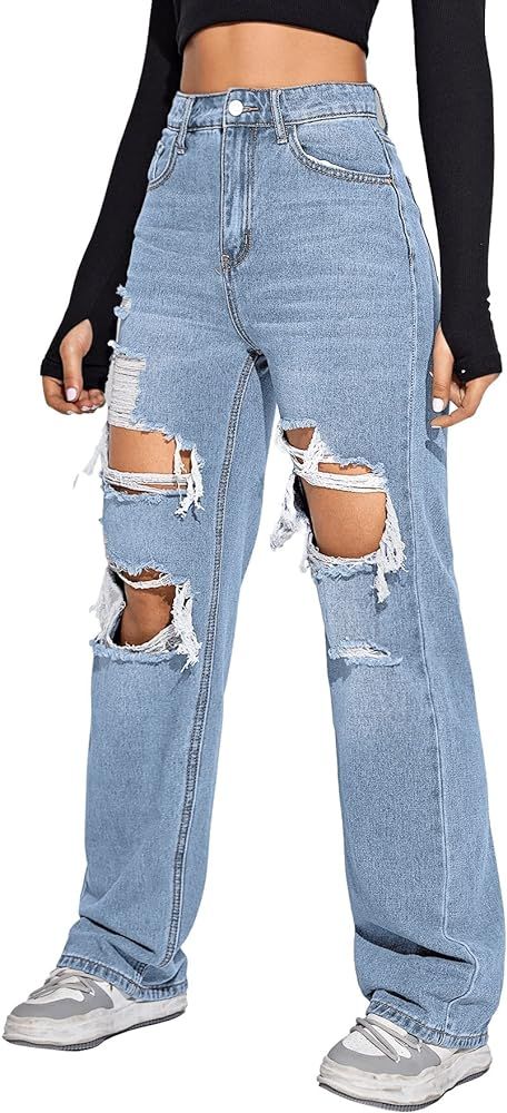 SweatyRocks Women's High Waist Slant Pocket Denim Jeans Ripped Straight Leg Pants | Amazon (US)