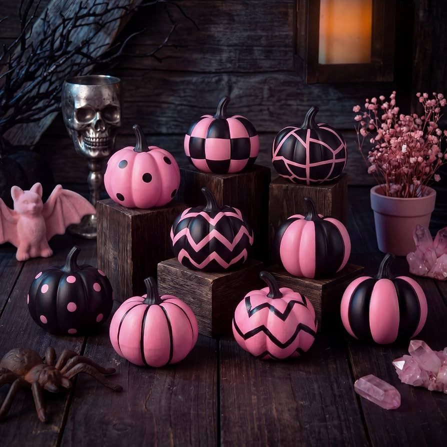 Leinuosen 9 Pcs Halloween Mini Pumpkins Decor Indoor Black and Pink | Amazon (US)