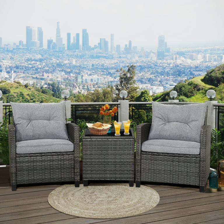 Gymax 3PCS Patio Rattan Sofa Set Outdoor Wicker Conversation Set Glass Tabletop w/ Grey Cushion | Walmart (US)