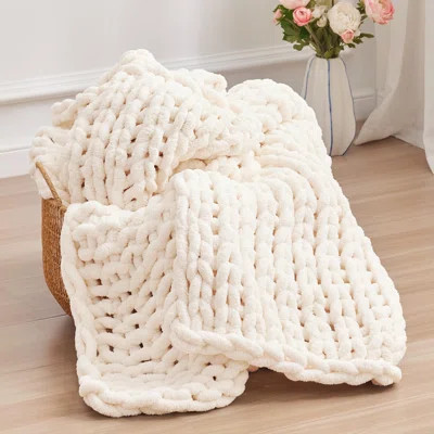 Chunky Knit Throw Blanket, 50''*60'' Knitted Throw Chenille Blankets For Bed Couch, Handmade Cream Crochet Blanket Big Thick Blanket, Machine Washable | Wayfair North America