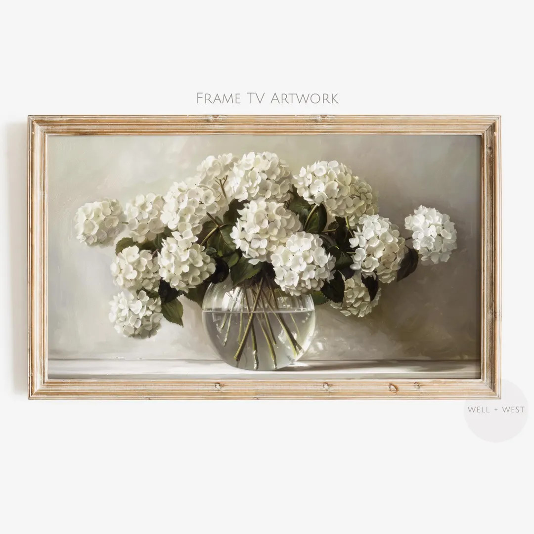 White Hydrangeas Frame TV Art | Vintage Style Floral Painting | Neutral Flower TV Artwork | Sprin... | Etsy (US)