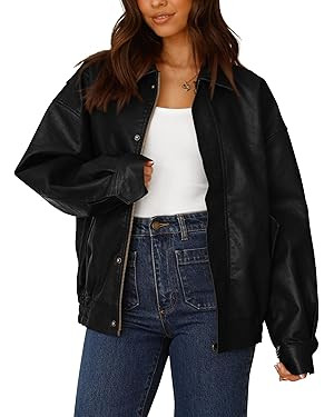 PRETTYGARDEN Women's Faux Leather Motorcycle Jacket Trendy Fall Spring Clothes Oversized Zip Up W... | Amazon (US)