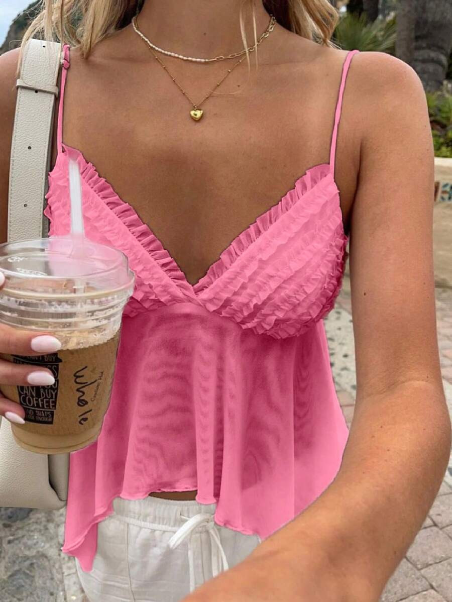 INAWLY Women's Solid Color Spaghetti Strap Ruffle Hem Casual Tank Top, Vacation | SHEIN