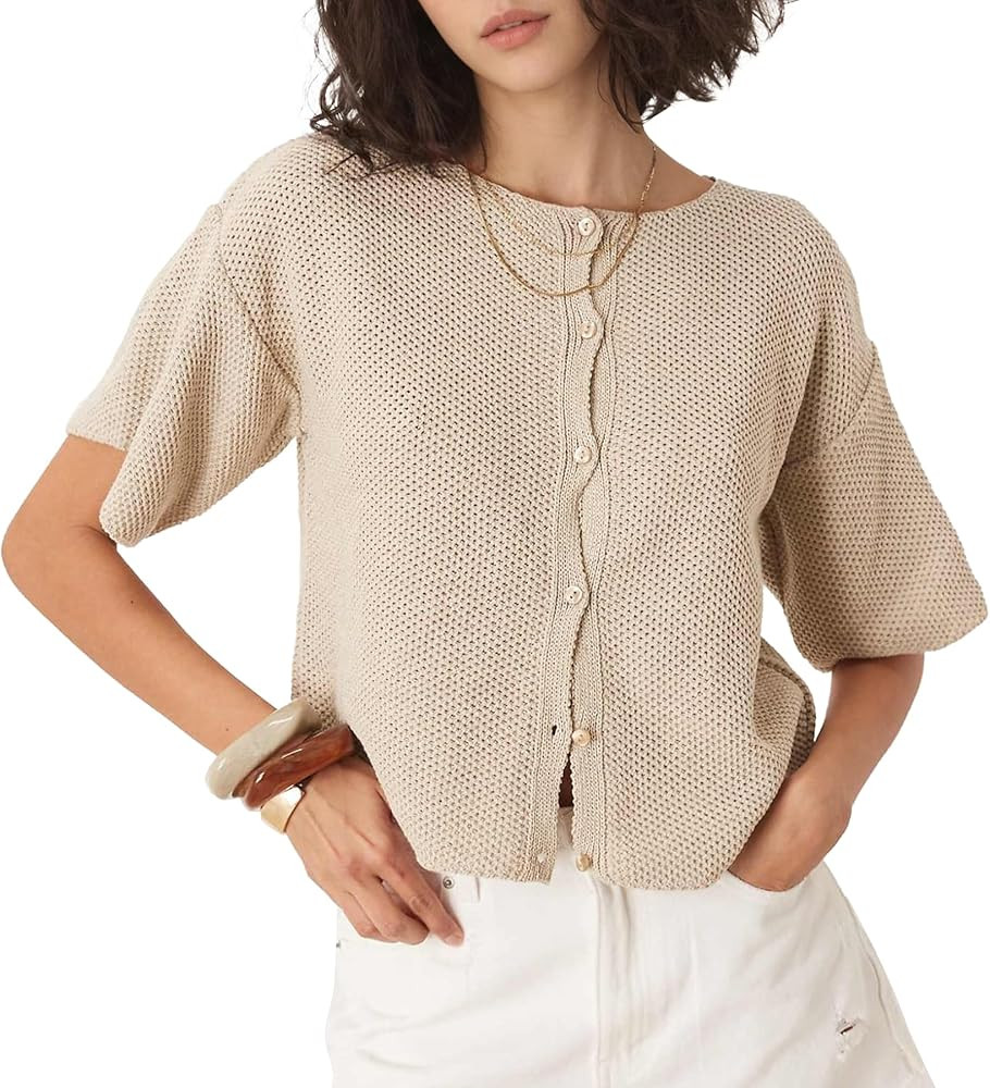 Ainangua Womens Casual Cardigan Summer Short Sleeve Crew Neck Button Down Knit Sweater Tops Light... | Amazon (US)