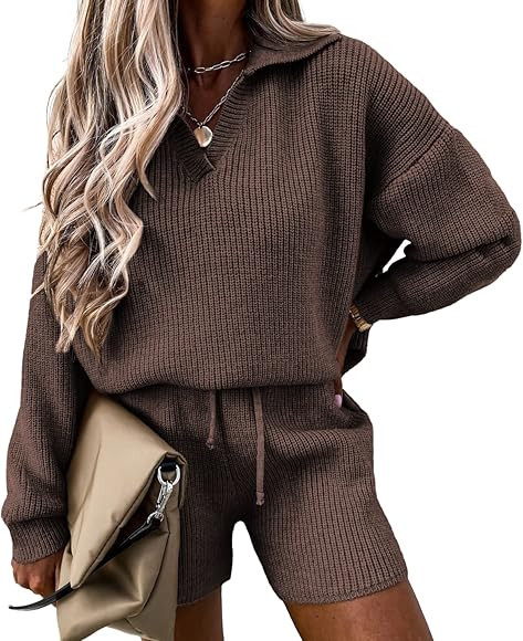 PRETTYGARDEN Women's 2 Piece Outfits 2023 Winter Long Sleeve V Neck Knit Pullover And Shorts Swea... | Amazon (US)