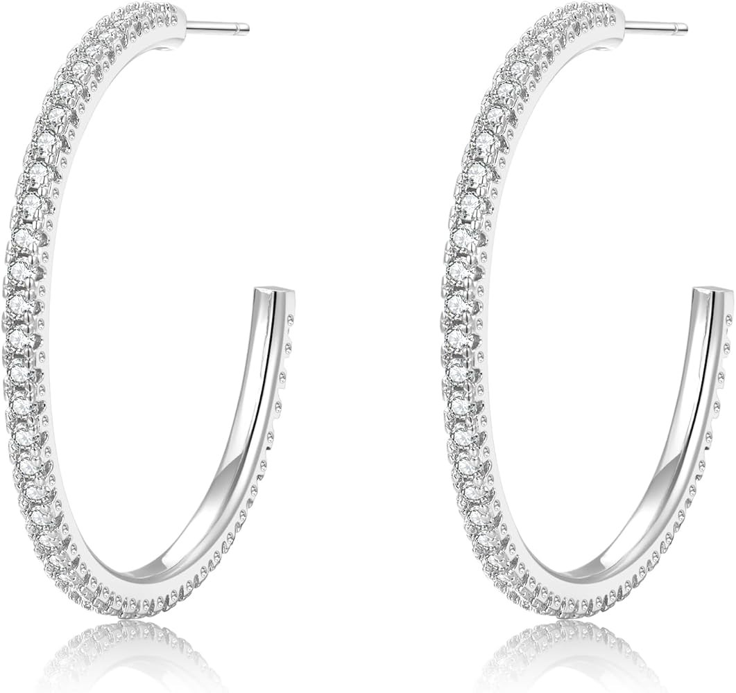 925 Sterling Silver Earrings Large Rhinestone Hoop Earrings Big Cubic Zirconia Hoop Earrings Thin... | Amazon (US)