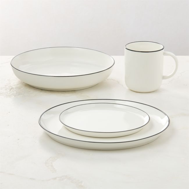 Contact 4-Piece White Ceramic Black Rim Dinnerware Set with Pasta Bowl | CB2
