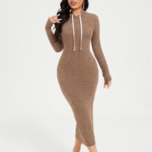 Drawstring Detail Rib-knit Hooded Dress | SHEIN
