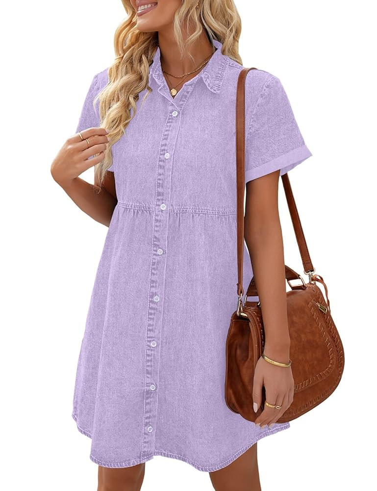 LookbookStore Women's Short Sleeve Button Down Flowy Tiered Babydoll Denim Dress | Amazon (US)