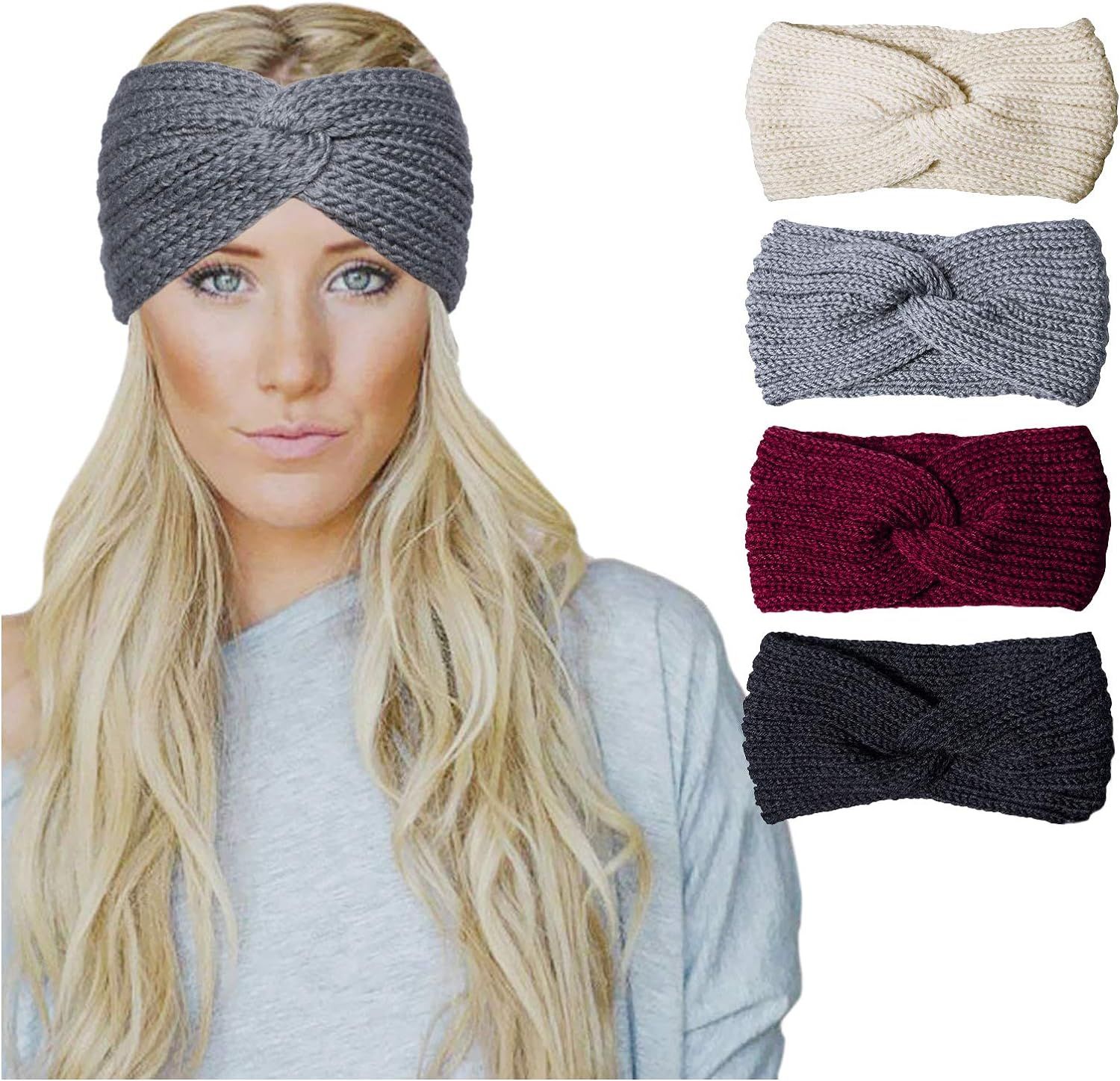 Chalier 4 Pcs Warm Winter Headbands for Women Cable Crochet Turban Ear Warmer Headband Gifts | Amazon (US)