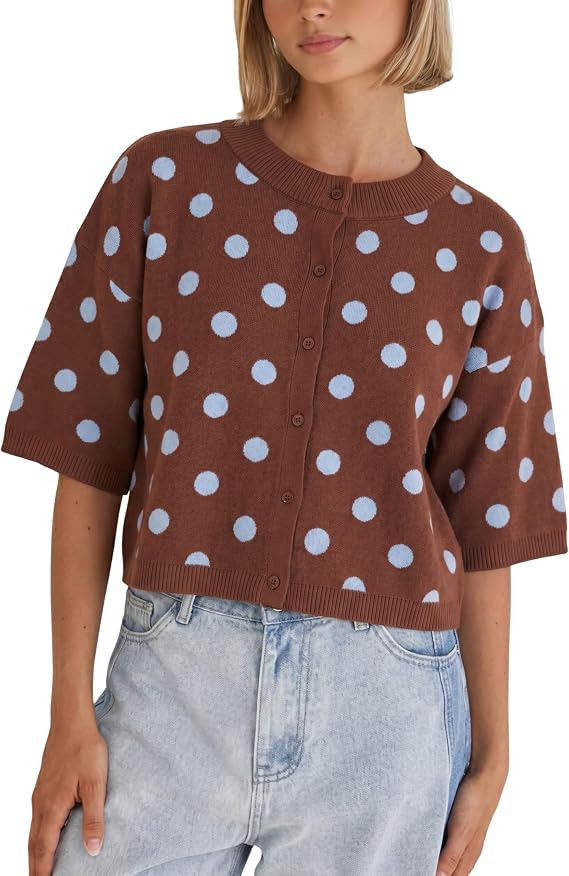 Daacee Women's Cropped Polka Dot Cardigan Casual Short Sleeve Sweater Top | Soft Knit, Crew Neck,... | Amazon (US)