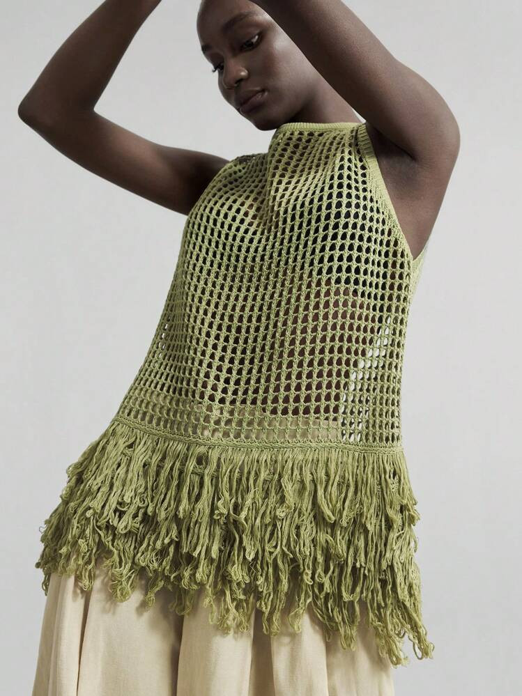 Ontre 2026 Spring/Summer New Bohemian Style Women's Clothing, Fringe Hem Hollow-Out Sleeveless Knit Vest, Linen Pullover Knit Tank Top, V-Neck Design Vacation Style Women's Outfit, Suitable For Music Festival Boho Clothing | SHEIN