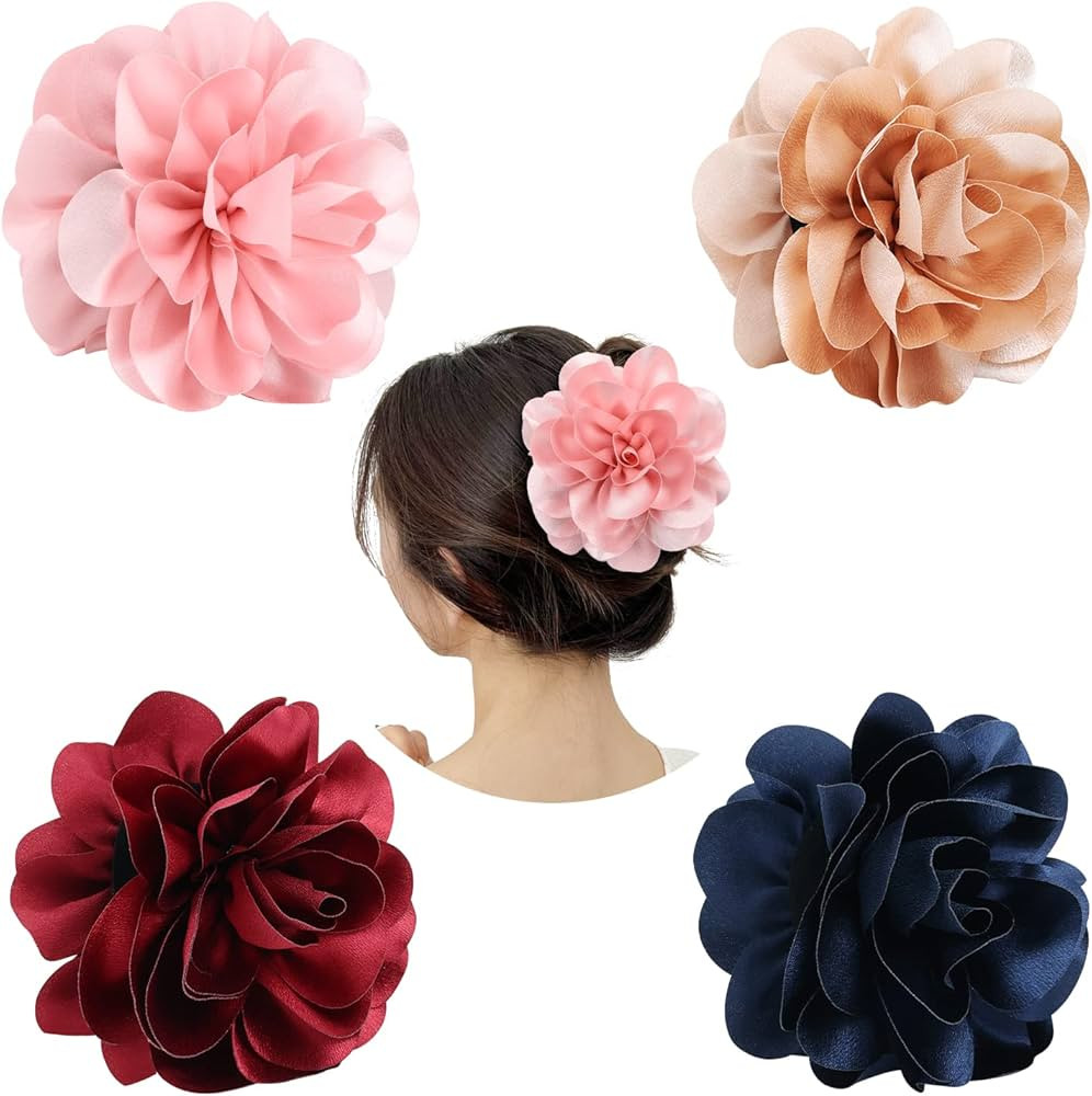 Cinaci 4 Pack Black Plastic Hair Claws with Big Large Satin Rose Flower Bow Clips Barrettes Clamp... | Amazon (US)
