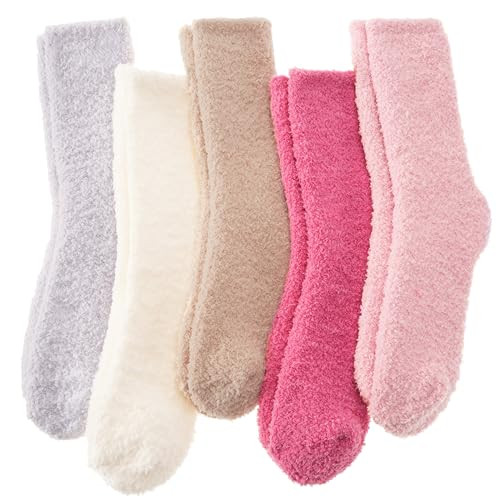 ANTSANG Fuzzy Socks for Women Men Slipper Fluffy Cozy Warm Winter Thick Plush Crew Sleep Home Socks 5 Pairs(Pink/Grey/White,M) | Amazon (US)