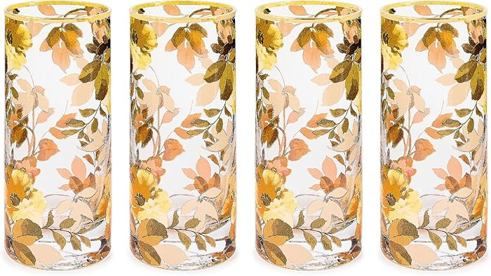 MACKENZIE-CHILDS Set of 4 Highball Glasses, Tall Drinking Glasses, Wild Rose | Amazon (US)