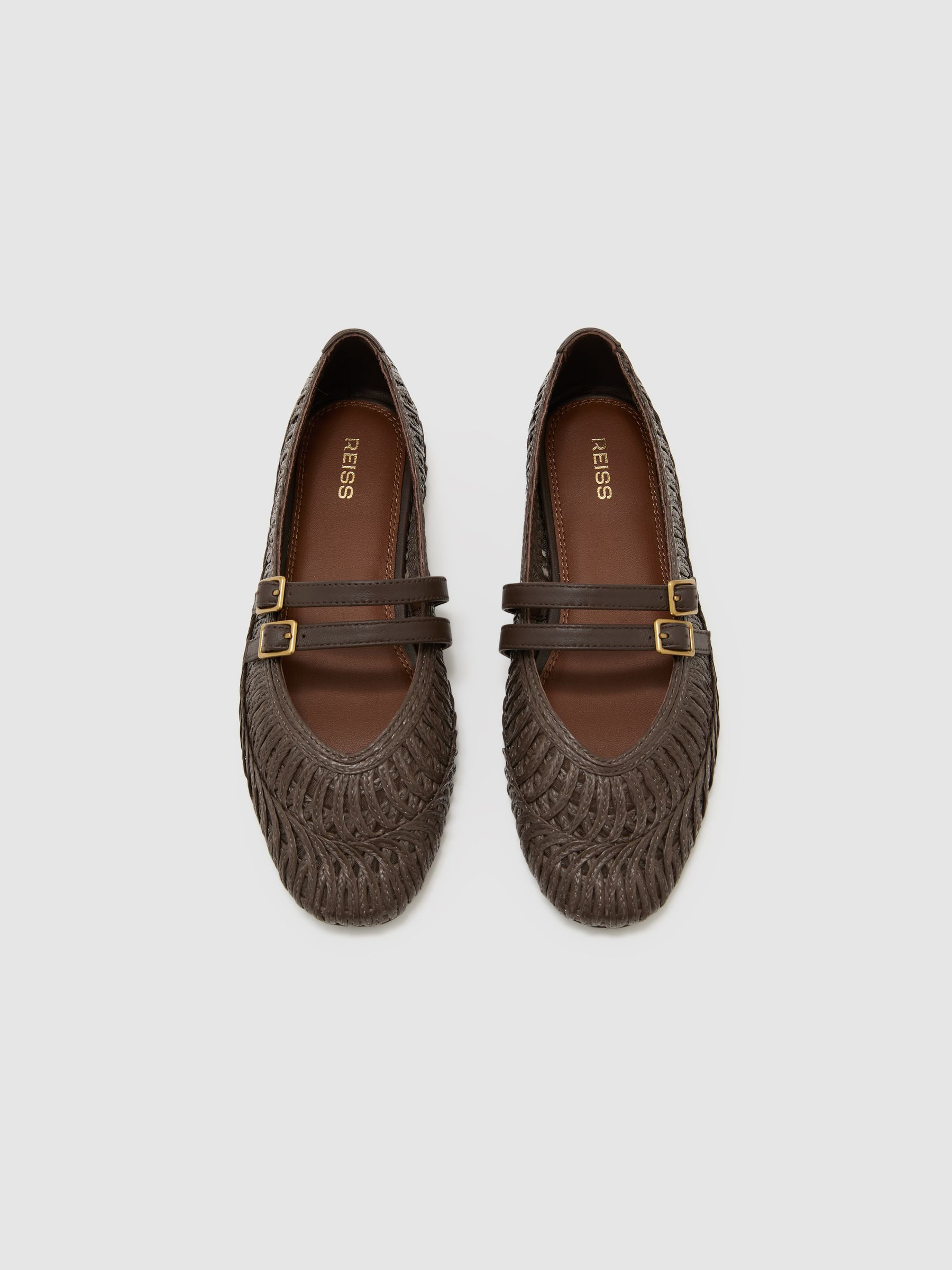Reiss Woven Ballerina-Strap Flats in Chocolate | REISS | Reiss DE