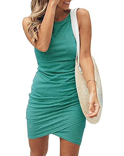 BTFBM Women 2024 Summer Sleeveless Tank Dresses Crew Neck Slim Fit Short Casual Ruched Bodycon Pa... | Amazon (US)