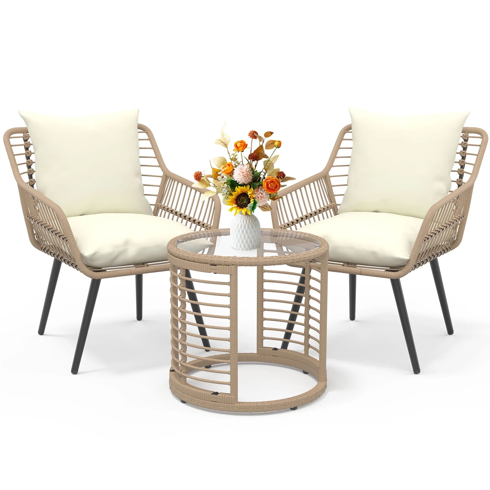 Ainfox 3-Piece Steel Outdoor Bistro Sets with Metal Chairs and Glass Top Table, Beige | Walmart (US)