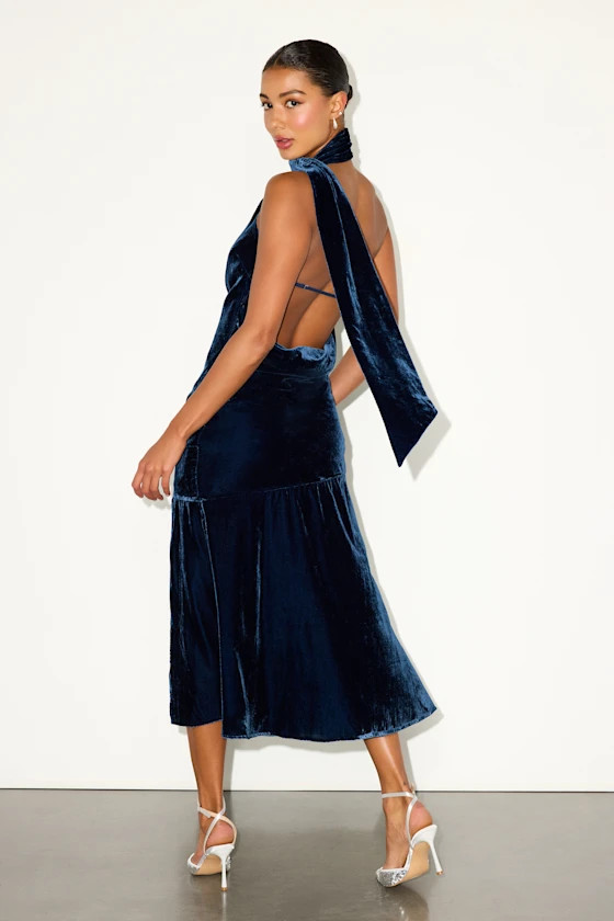 Alis Navy Velvet One-Shoulder Sash Midi Dress | Lulus