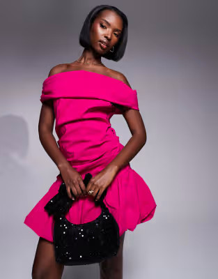 River island bardot puffball mini dress in bright pink | ASOS (Global)