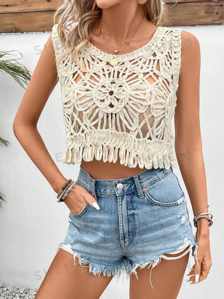 SHEIN VCAY Holiday Round Neck Hollow Out Cropped Knit Top | SHEIN