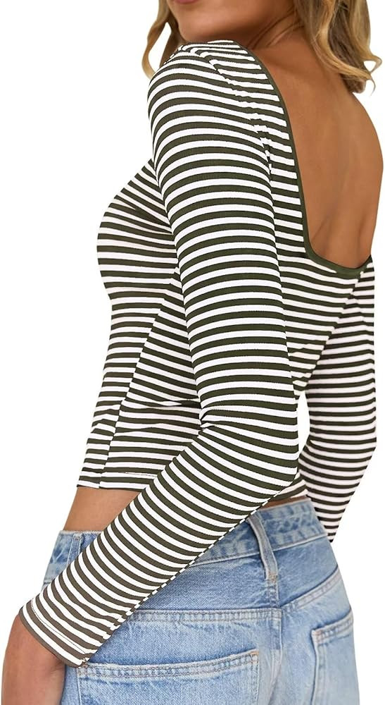 Womens Summer Short/Long Sleeve Tops Sexy Backless Striped Shirts Going Out T-Shirt Y2K Crop Blou... | Amazon (CA)