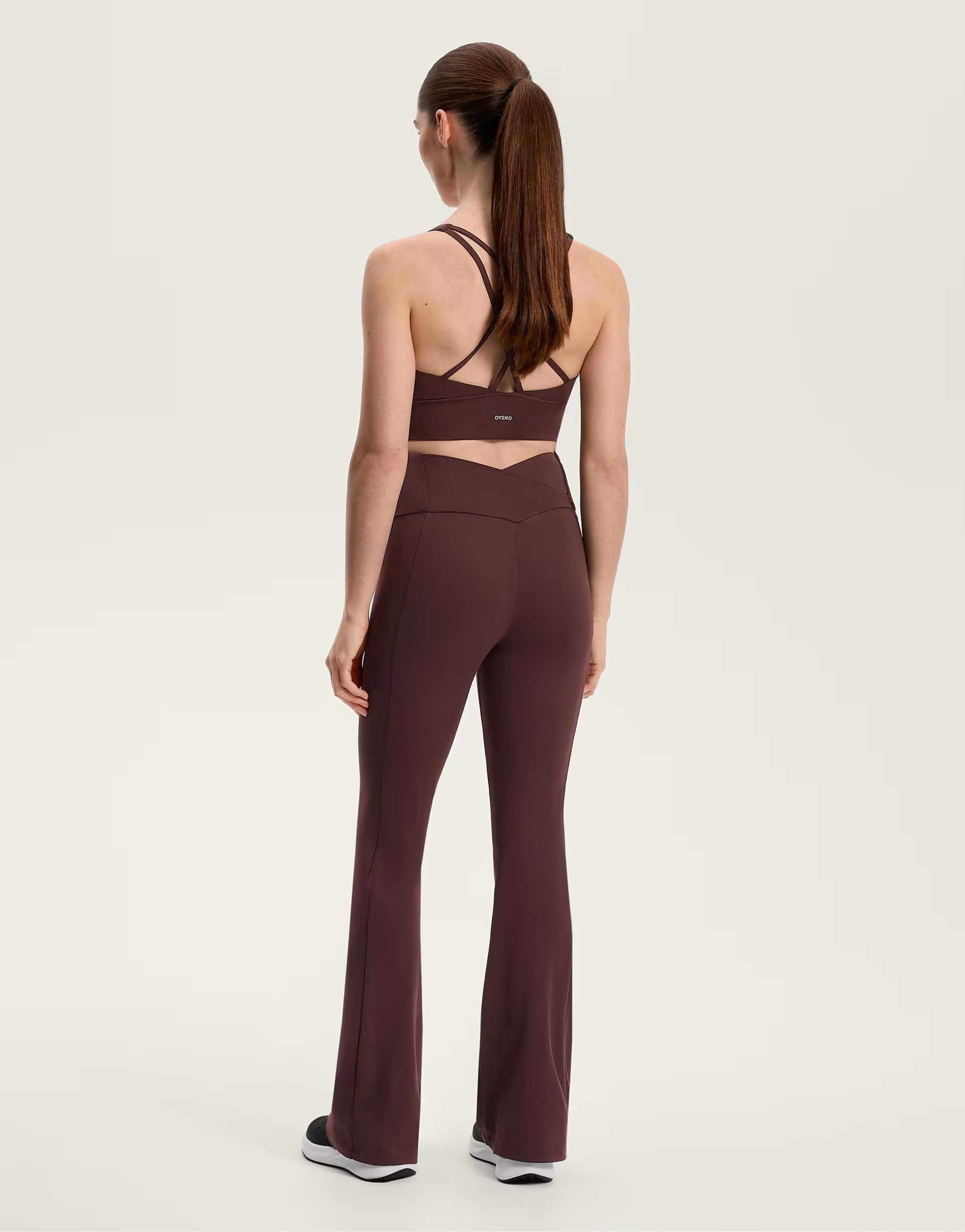OYSHO Comfortlux super high rise flare trousers with pockets in brown | ASOS (Global)