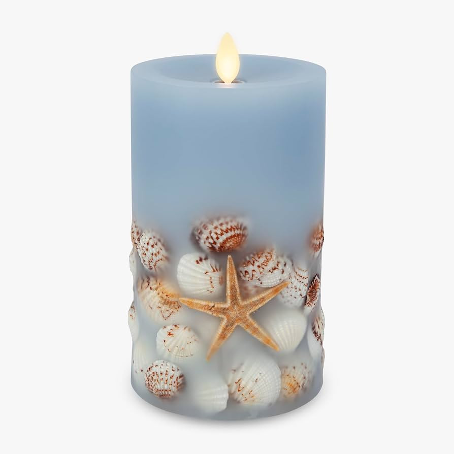Luminara Flameless LED Candle Soft Chambray Embedded Seashell & Starfish Moving Flame Pillar Unsc... | Amazon (US)
