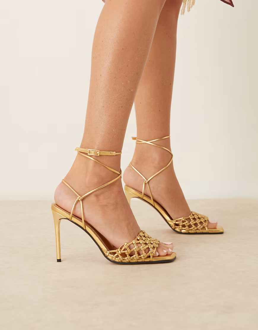 ASOS DESIGN Nadine knotted high heeled sandals in gold | ASOS (Global)