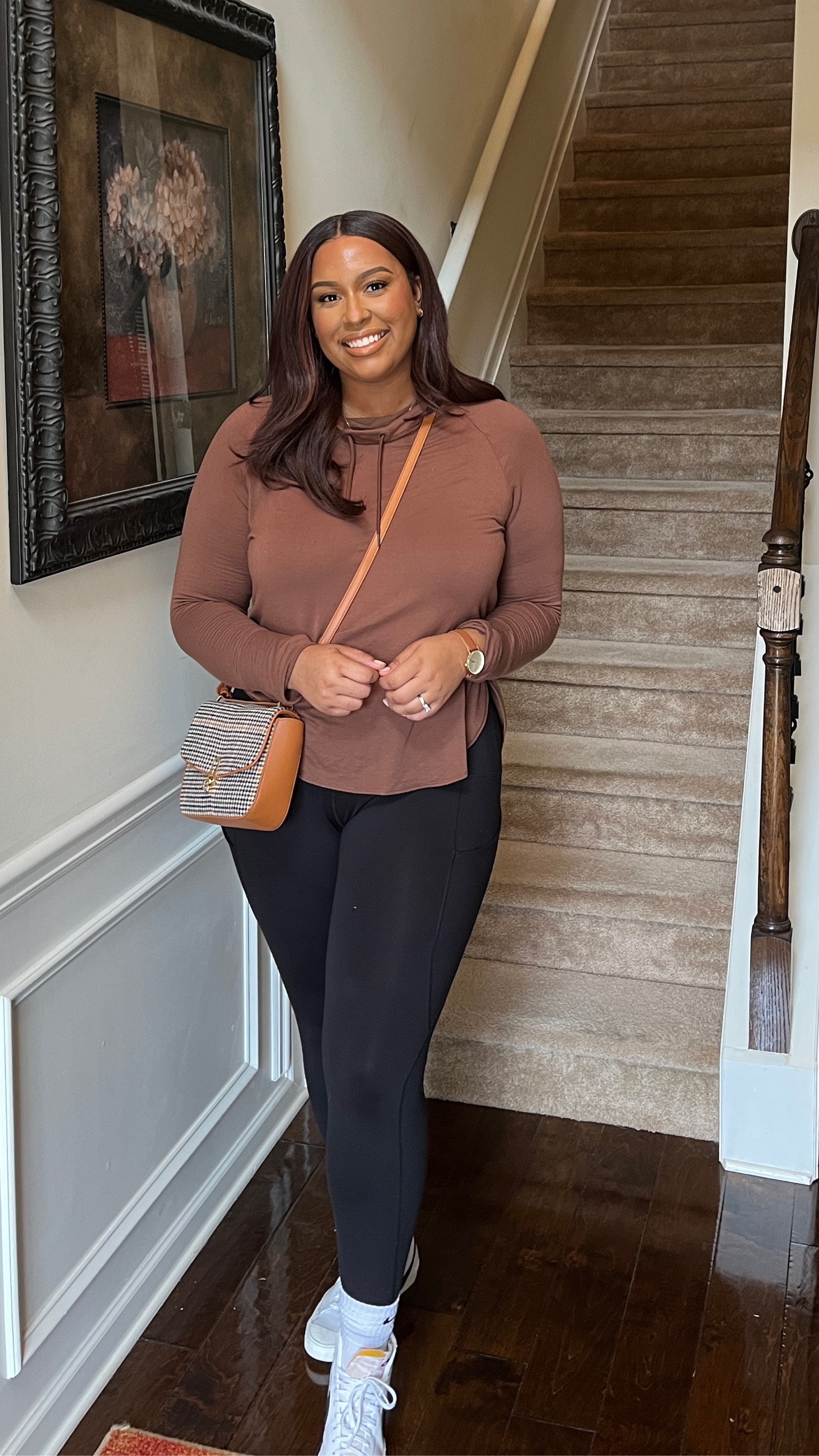 Casual Fall Outfit of the Day. Brown hoodie from Walmart, Target Houndstooth bag, Amazon Leggings, Nike Socks, Nike Blazers

Wig: Outre Kamiyah 

#LTKSeasonal #LTKunder100 #LTKcurves