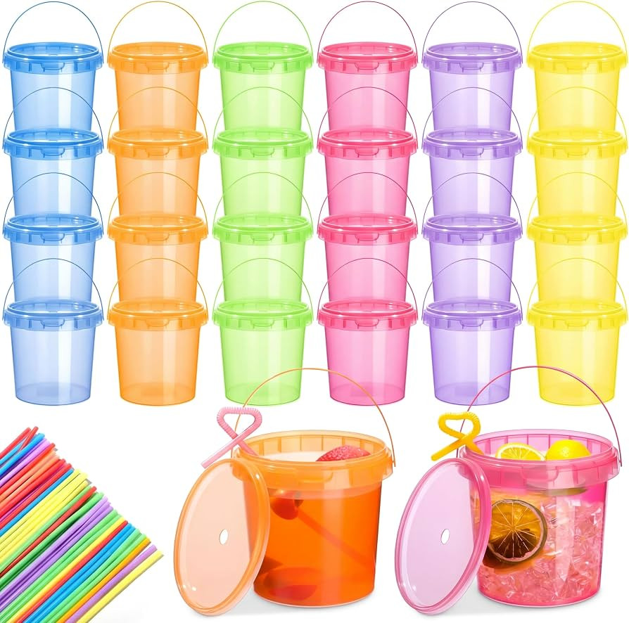 Funnymoom 24 Pack Plastic Rum Buckets for Drinks with Straws Ice Cream Cocktail Bucket with Lids ... | Amazon (US)
