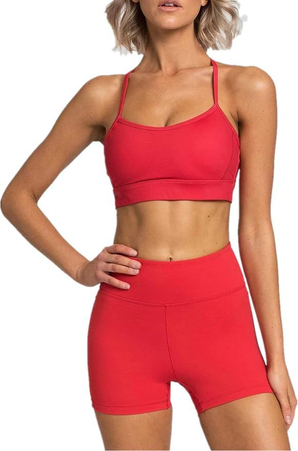 IWEMEK Women's Workout Sets 2 Piece Yoga Outfits High Waisted Biker Shorts and Cross Back Sports ... | Amazon (US)