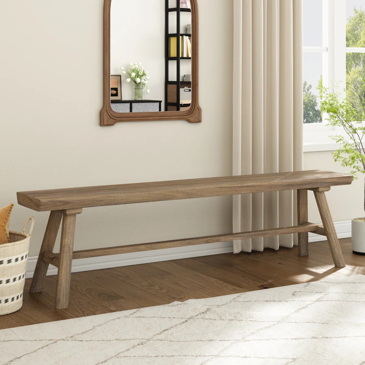 Farmhouse Solid Wood Bench Minimalist Mortise and Tenon Design | Wayfair North America