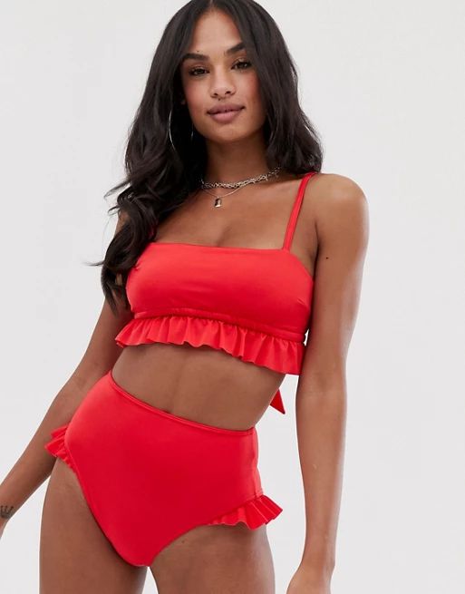 ASOS DESIGN glam frill cut out high waist bikini bottom in red | ASOS US
