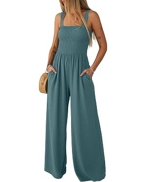 Lepunuo Jumpsuits for Women Casual One Piece Overalls Smocked Wide Leg Long Rompers With Pockets ... | Amazon (US)