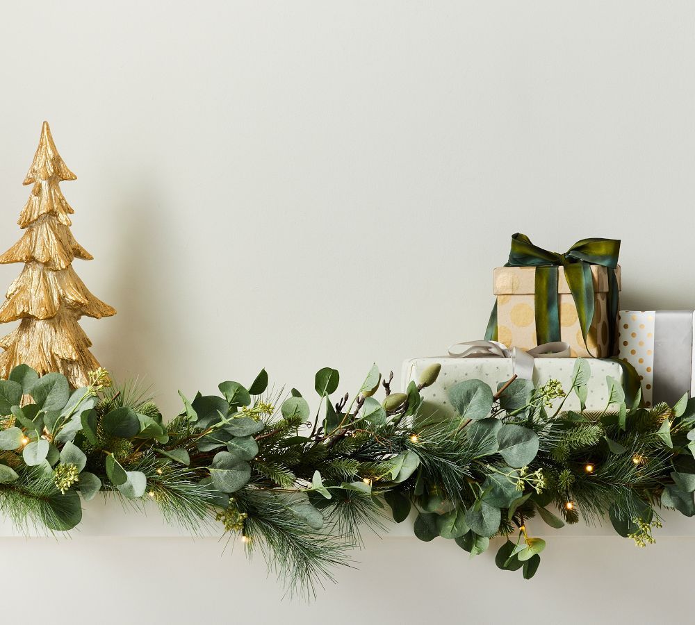 Pre-Lit Faux Silver Dollar Eucalyptus and Pine Colle Garland, 10 Ft. | Pottery Barn (US)