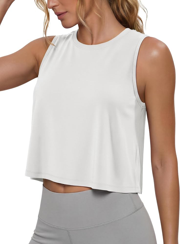 MAGCOMSEN Womens Cropped Tank Tops Workout Muscle Sleeveless Top Quick Dry Crew Neck Loose Fit Yo... | Amazon (US)