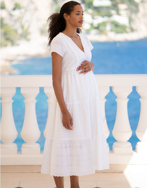 White V Neck Broderie Anglaise Maternity to Nursing Midi Dress | Seraphine 