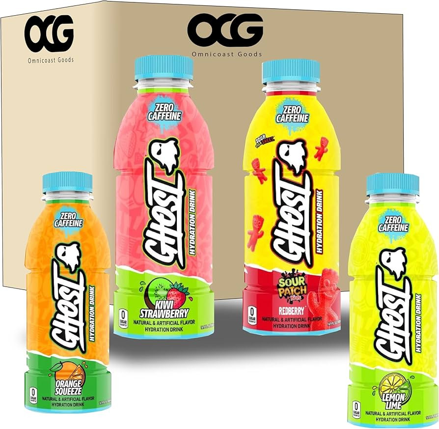 Ghost Hydration Drink, ZERO CAFFEINE, Sour Patch Redberry, Lemon Lime, Kiwi Strawberry, Orange Sq... | Amazon (US)