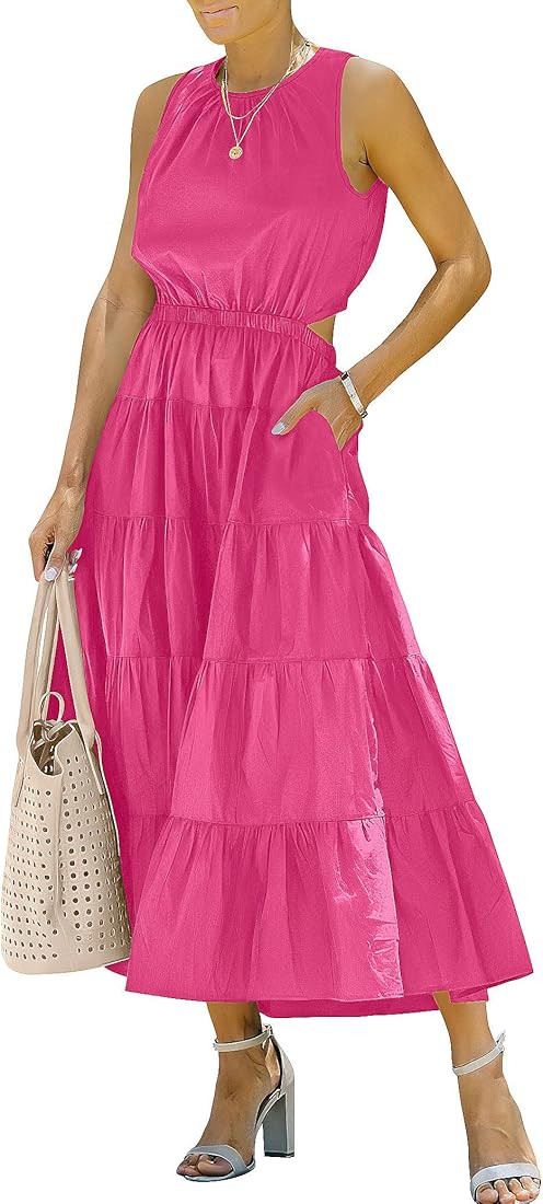 LOGENE Womens Summer Casual Sleeveless Solid Cut Out Long Dress Ruffle Tiered A-Line Flowy Swing ... | Amazon (US)