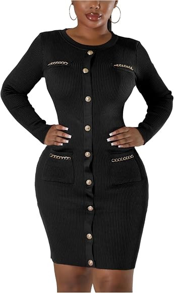 fiocko Women's Knitted Dress Fashion Crewneck Long Sleeve Bodycon Elegant Casual Solid Pullover W... | Amazon (UK)
