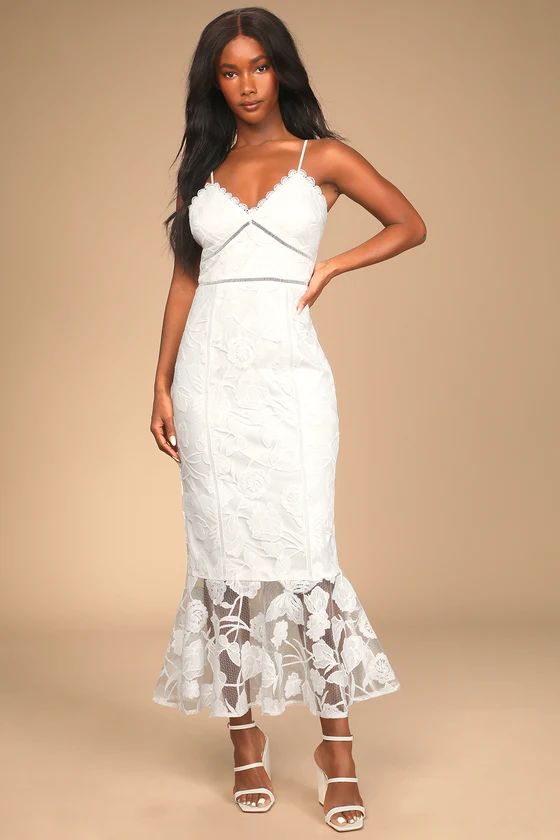 Alluring Dream White Floral Mesh Lace Trumpet Midi Dress | Lulus (US)
